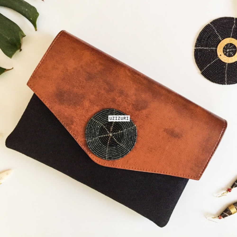 Vegan Leather/Black Fabric Clutch